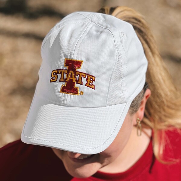 Ponyflo I-State White Embroidered Ponytail Hat